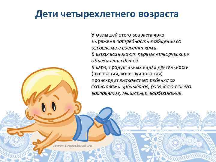 Дети четырехлетнего возраста У малышей этого возраста ярко выражена потребность в общении со взрослыми