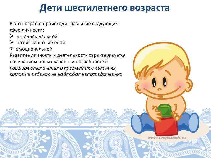 Дети шестилетнего возраста В это возрасте происходит развитие следующих сфер личности: Ø интеллектуальной Ø