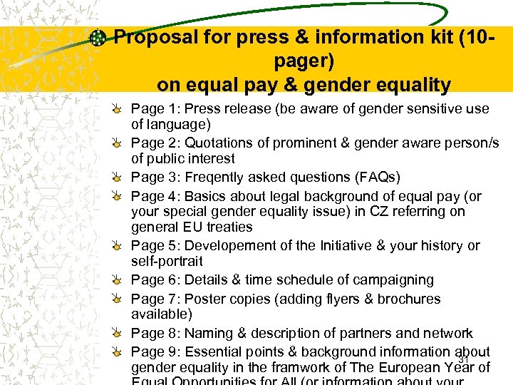 Proposal for press & information kit (10 pager) on equal pay & gender equality