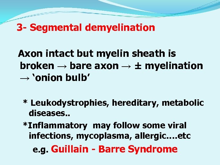 3 - Segmental demyelination Axon intact but myelin sheath is broken → bare axon