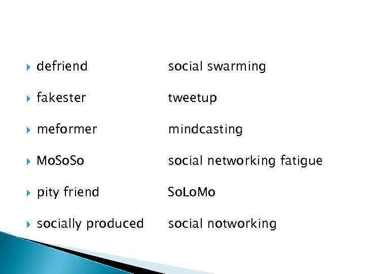  defriend social swarming fakester tweetup meformer mindcasting Mo. So social networking fatigue pity