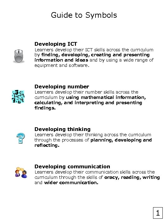 Guide to Symbols Developing ICT Learners develop their ICT skills across the curriculum by