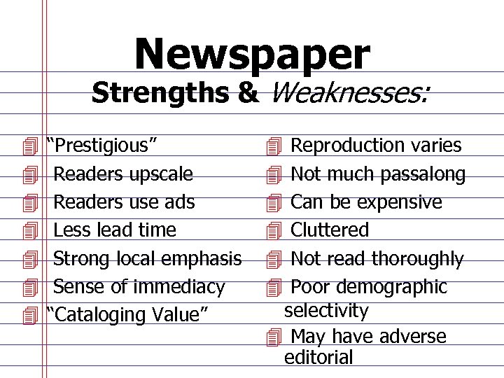 Newspaper Strengths & Weaknesses: 4 4 4 4 “Prestigious” Readers upscale Readers use ads