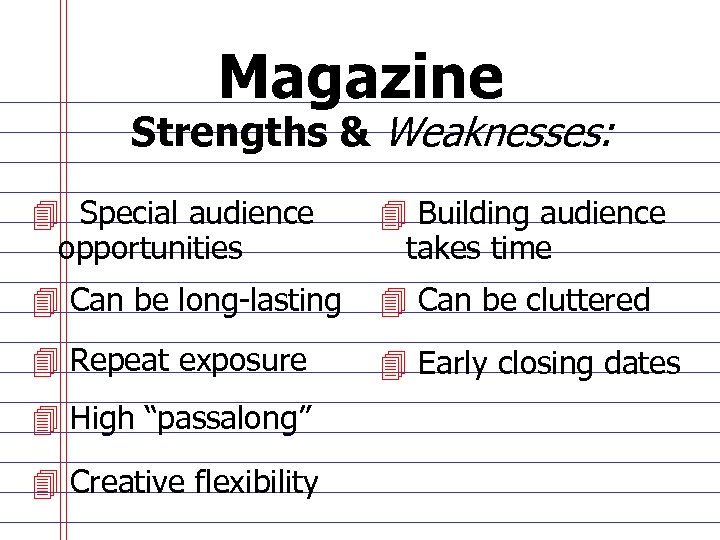Magazine Strengths & Weaknesses: 4 Special audience opportunities 4 Building audience takes time 4