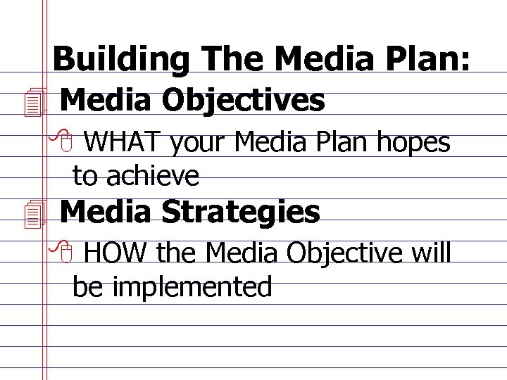Building The Media Plan: 4 Media Objectives 8 WHAT your Media Plan hopes to