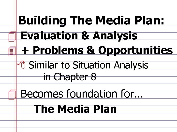 Building The Media Plan: 4 Evaluation & Analysis 4 + Problems & Opportunities 8