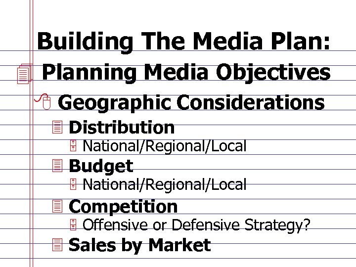 Building The Media Plan: 4 Planning Media Objectives 8 Geographic Considerations 3 Distribution 5