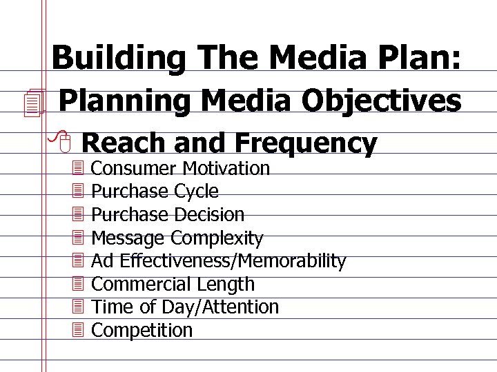 Building The Media Plan: 4 Planning Media Objectives 8 Reach and Frequency 3 Consumer