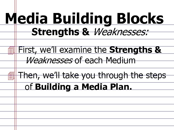 Media Building Blocks Strengths & Weaknesses: 4 First, we’ll examine the Strengths & Weaknesses