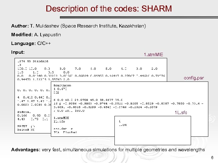 Description of the codes: SHARM Author: T. Muldashev (Space Research Institute, Kazakhstan) Modified: A.