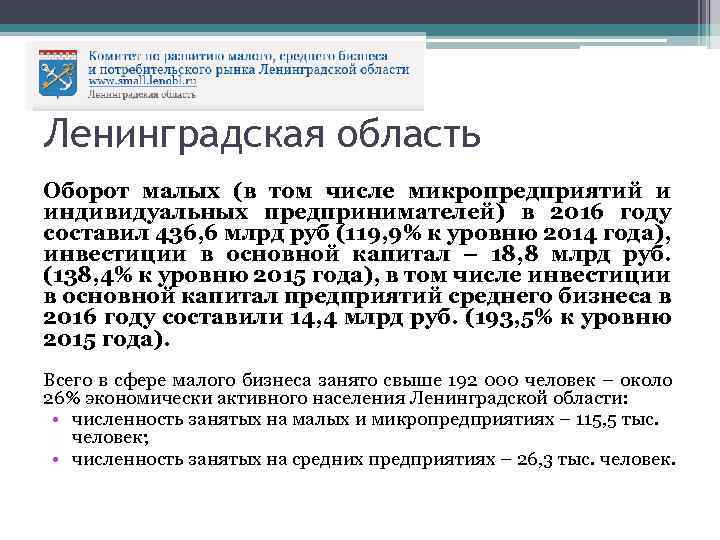 Ленинградская область Оборот малых (в том числе микропредприятий и индивидуальных предпринимателей) в 2016 году