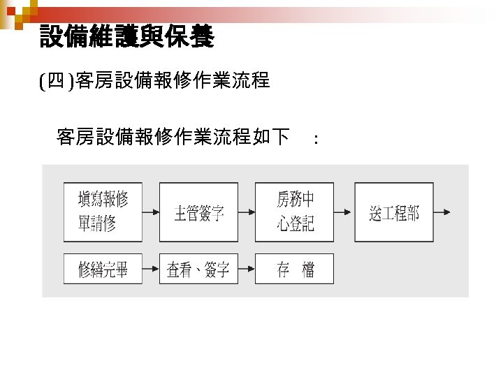 設備維護與保養 (四 )客房設備報修作業流程如下 : 
