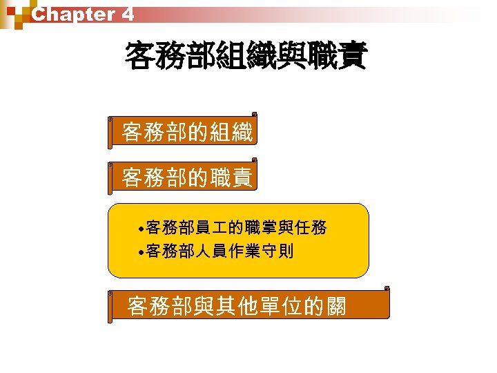 Chapter 4 客務部組織與職責 客務部的組織 客務部的職責 • 客務部員 的職掌與任務 • 客務部人員作業守則 客務部與其他單位的關 係 