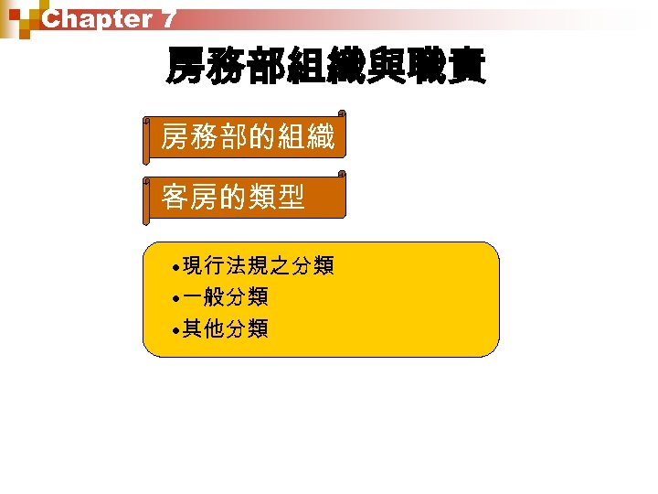 Chapter 7 房務部組織與職責 房務部的組織 客房的類型 • 現行法規之分類 • 一般分類 • 其他分類 