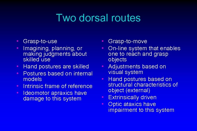 Two dorsal routes • Grasp-to-use • Imagining, planning, or making judgments about skilled use