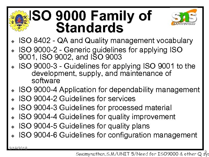 ISO 9000 Family of Standards u u u u u ISO 8402 - QA