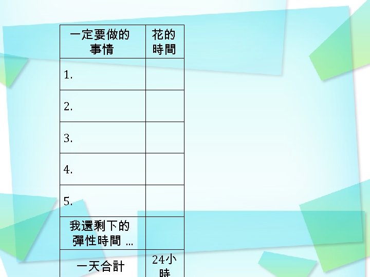 一定要做的 事情 花的 時間 1. 2. 3. 4. 5. 我還剩下的 彈性時間. . . 一天合計