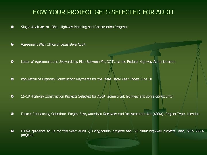 HOW YOUR PROJECT GETS SELECTED FOR AUDIT u Single Audit Act of 1984: Highway