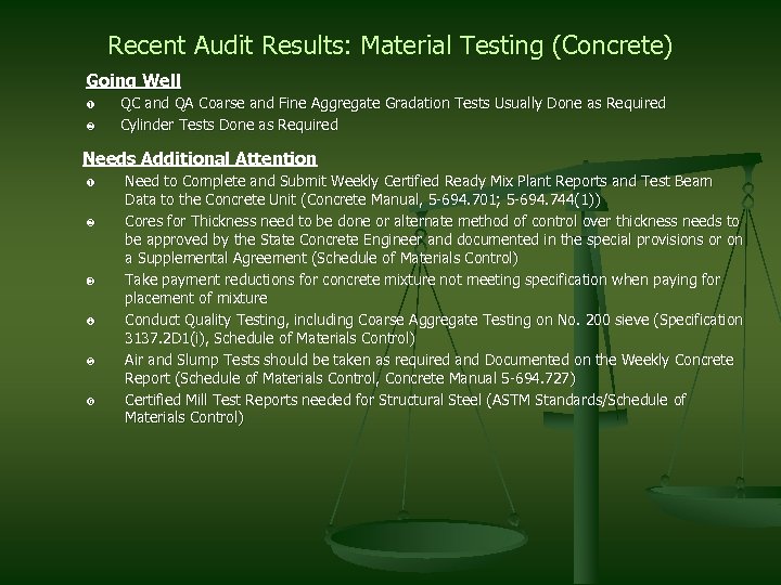 Recent Audit Results: Material Testing (Concrete) Going Well QC and QA Coarse and Fine