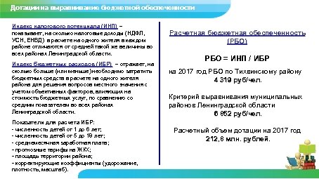 Дотации на выравнивание бюджетной обеспеченности Индекс налогового потенциала (ИНП) – показывает, на сколько налоговые