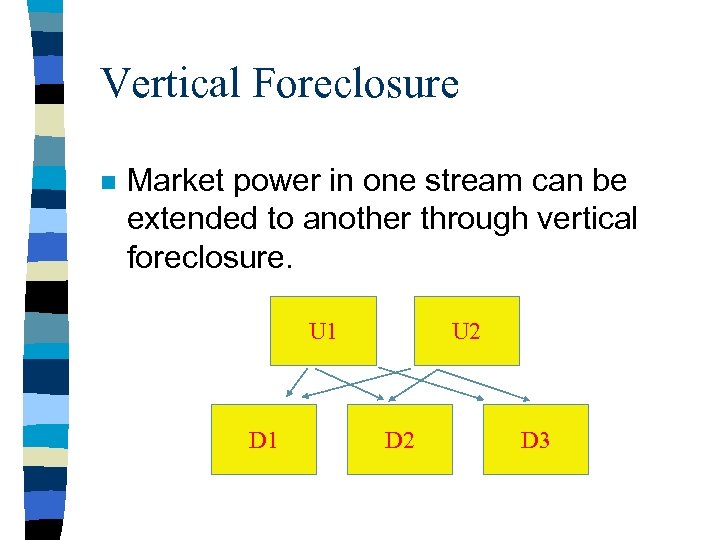 Vertical Foreclosure n Market power in one stream can be extended to another through