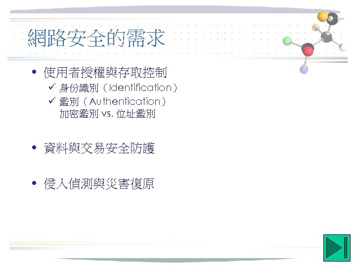 網路安全的需求 • 使用者授權與存取控制 ü 身份識別（Identification） ü 鑑別（Authentication） 加密鑑別 vs. 位址鑑別 • 資料與交易安全防護 • 侵入偵測與災害復原