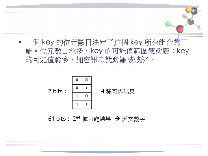  • 一個 key 的位元數目決定了這個 key 所有組合的可 能。位元數目愈多，key 的可能值範圍便愈廣；key 的可能值愈多，加密訊息就愈難被破解。 0 0 0 1