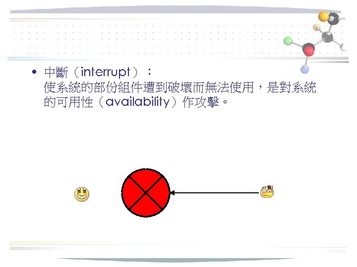  • 中斷（interrupt）： 使系統的部份組件遭到破壞而無法使用，是對系統 的可用性（availability）作攻擊。 