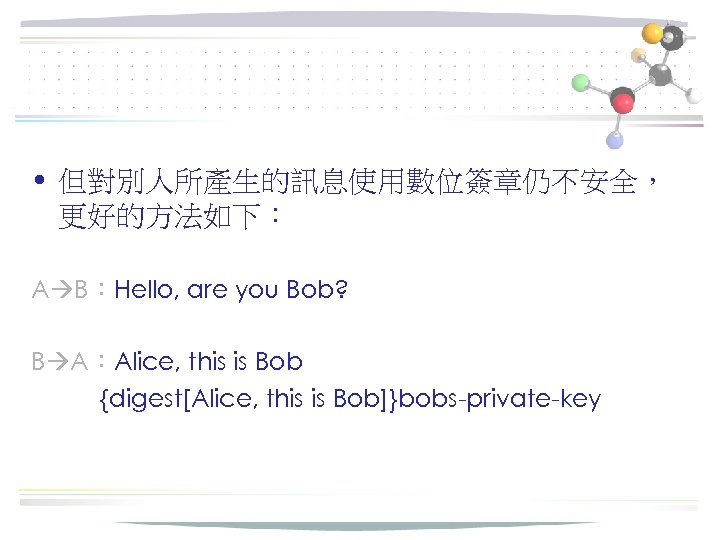  • 但對別人所產生的訊息使用數位簽章仍不安全， 更好的方法如下： A B：Hello, are you Bob? B A：Alice, this is Bob