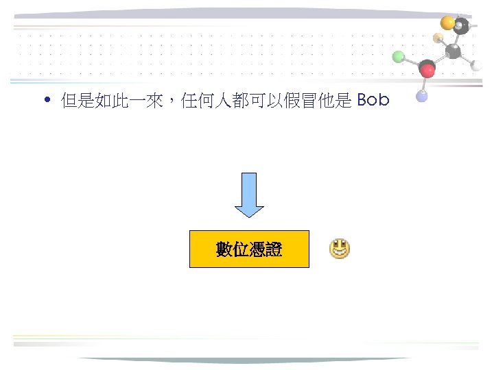  • 但是如此一來，任何人都可以假冒他是 Bob 數位憑證 