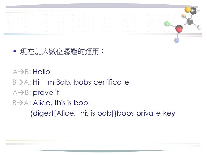  • 現在加入數位憑證的運用： A B: Hello B A: Hi, I’m Bob, bobs-certificate A B: