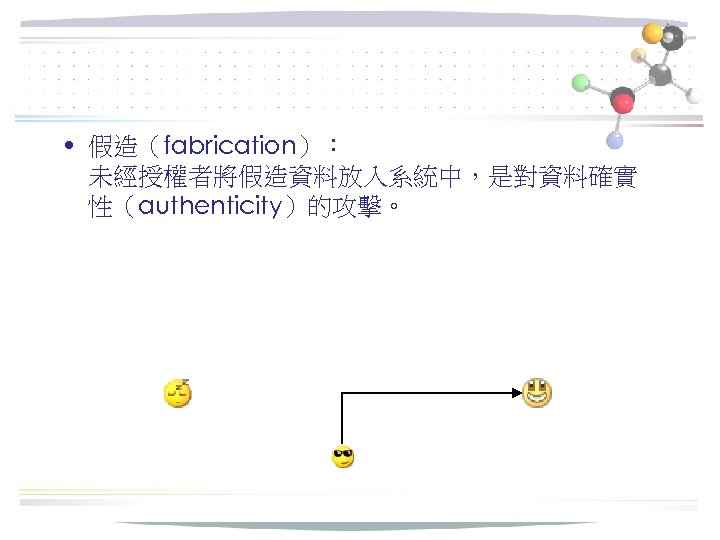  • 假造（fabrication）： 未經授權者將假造資料放入系統中，是對資料確實 性（authenticity）的攻擊。 