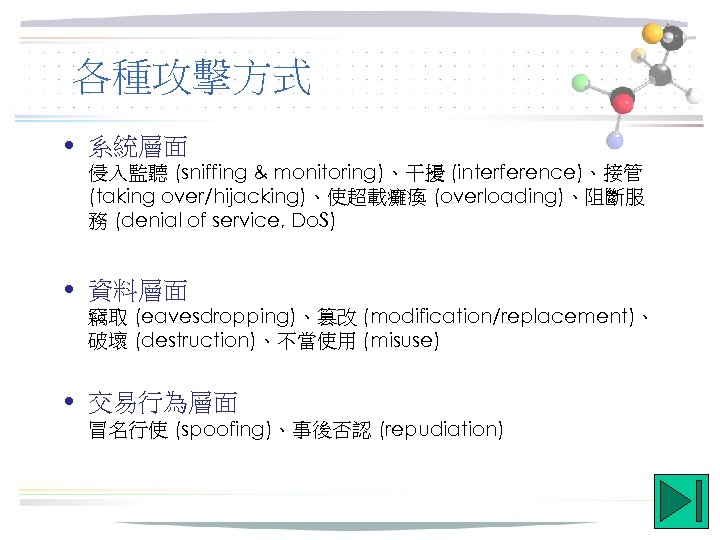 各種攻擊方式 • 系統層面 侵入監聽 (sniffing & monitoring)、干擾 (interference)、接管 (taking over/hijacking)、使超載癱瘓 (overloading)、阻斷服 務 (denial of
