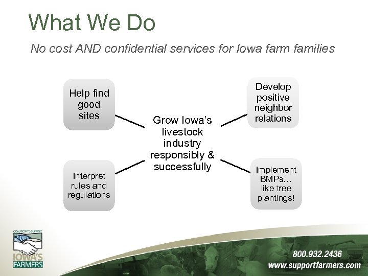 What We Do No cost AND confidential services for Iowa farm families Help find