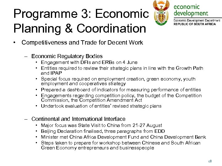 Programme 3: Economic Planning & Coordination • Competitiveness and Trade for Decent Work –