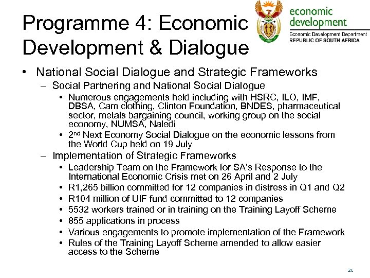 Programme 4: Economic Development & Dialogue • National Social Dialogue and Strategic Frameworks –