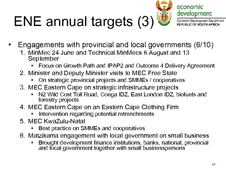 ENE annual targets (3) • Engagements with provincial and local governments (6/10) 1. Min.