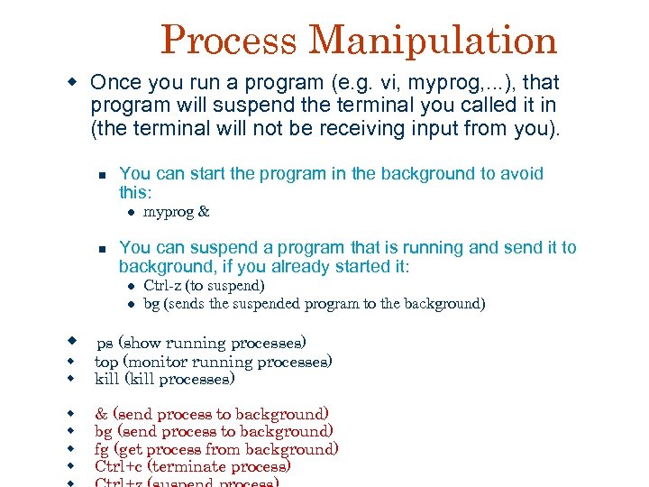 Process Manipulation w Once you run a program (e. g. vi, myprog, . .