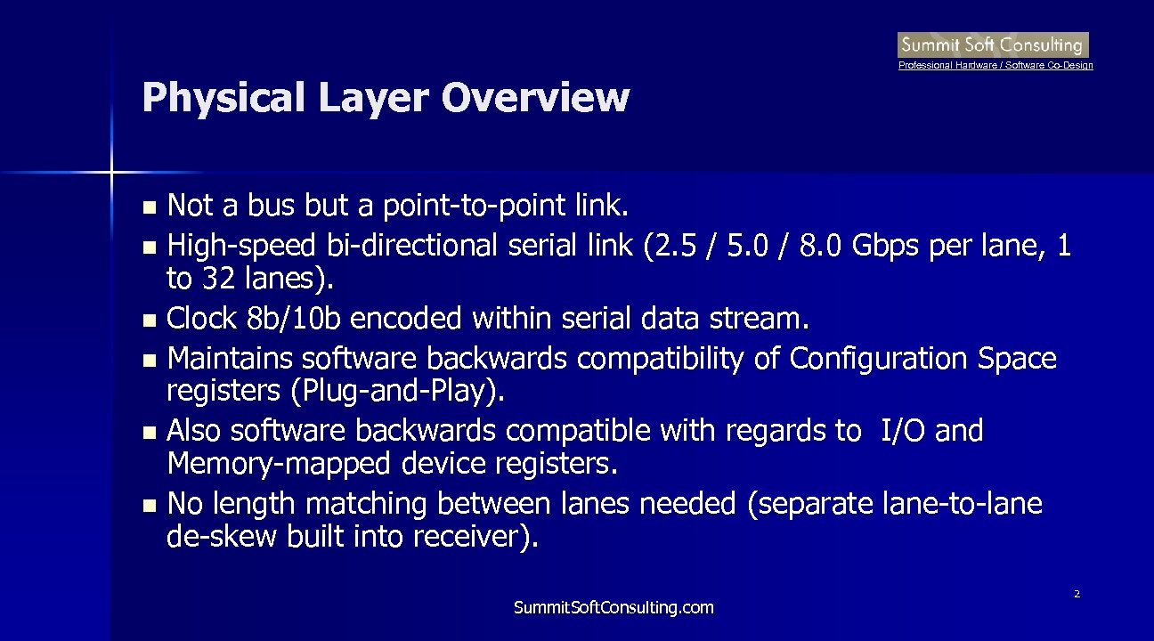 Professional Hardware / Software Co-Design Physical Layer Overview Not a bus but a point-to-point