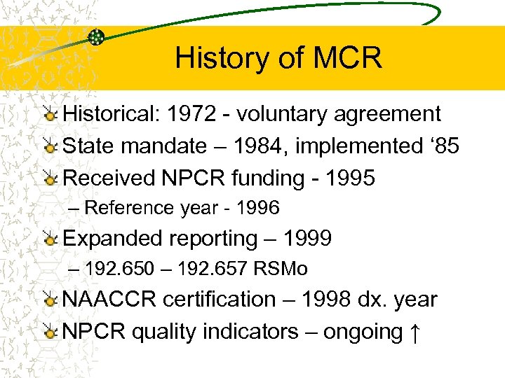 History of MCR Historical: 1972 - voluntary agreement State mandate – 1984, implemented ‘