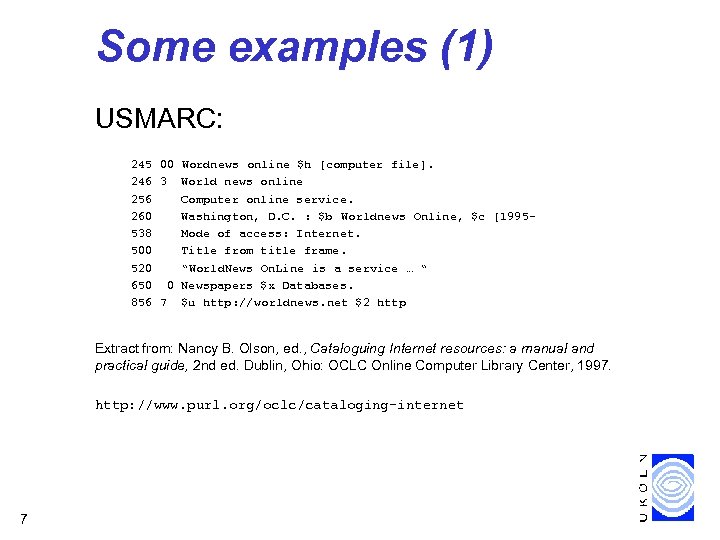 Some examples (1) USMARC: 245 00 Wordnews online $h [computer file]. 246 3 World