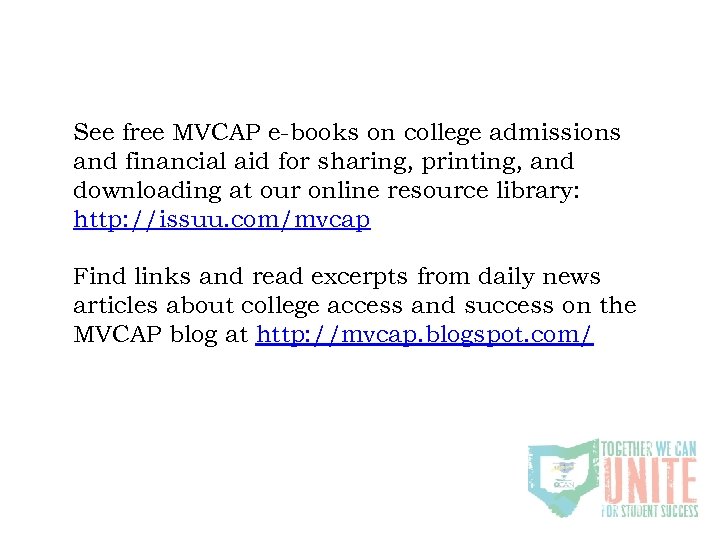 See free MVCAP e-books on college admissions and financial aid for sharing, printing, and