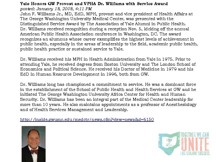 Yale Honors GW Provost and VPHA Dr. Williams with Service Award posted: January 18,