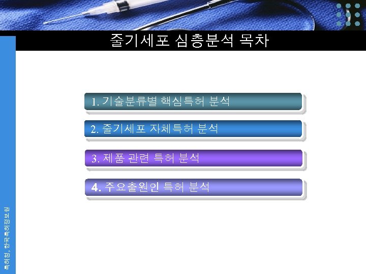 줄기세포 심층분석 목차 1. 기술분류별 핵심특허 분석 2. 줄기세포 자체특허 분석 3. 제품 관련