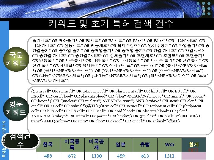 키워드 및 초기 특허 검색 건수 국문 키워드 특허청, 한국특허정보원 영문 키워드 검색건 수