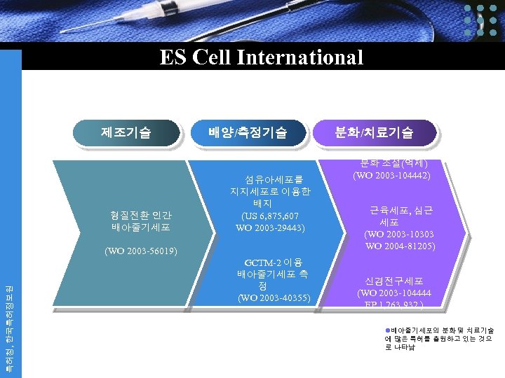 ES Cell International 제조기술 배양/측정기술 분화/치료기술 분화 조절(억제) 형질전환 인간 배아줄기세포 섬유아세포를 지지세포로 이용한