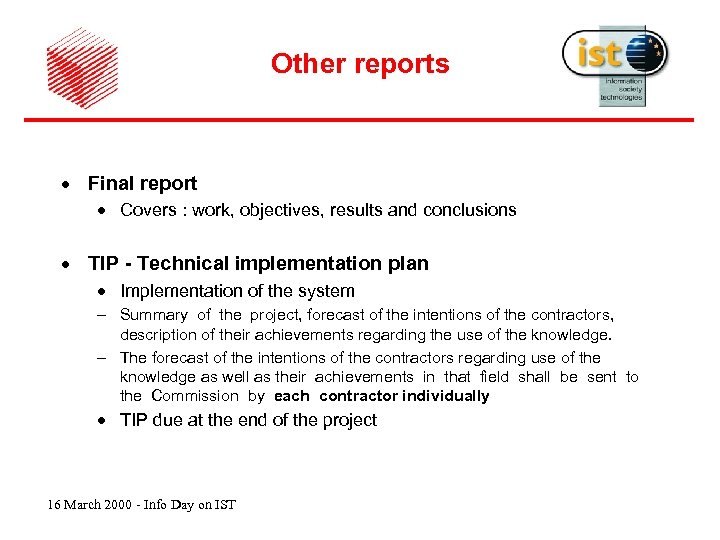 Other reports · Final report · Covers : work, objectives, results and conclusions ·