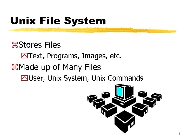 Unix File System z. Stores Files y. Text, Programs, Images, etc. z. Made up