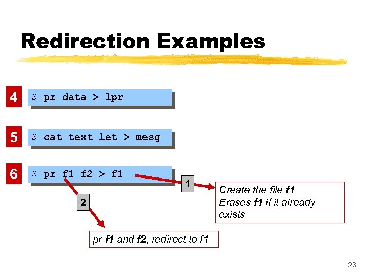 Redirection Examples 4 $ pr data > lpr 5 $ cat text let >