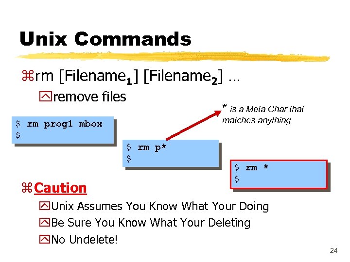 Unix Commands zrm [Filename 1] [Filename 2] … yremove files * is a Meta